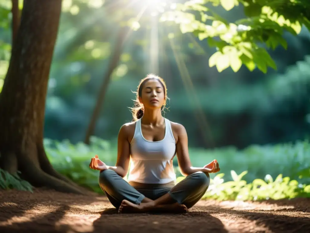 Persona practicando la respiración diafragmática en un entorno natural sereno con luz solar filtrándose entre los árboles