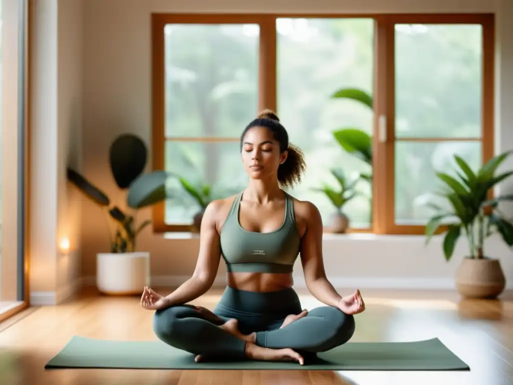 Persona practicando respiración diafragmática en un estudio de yoga moderno, transmitiendo serenidad y bienestar