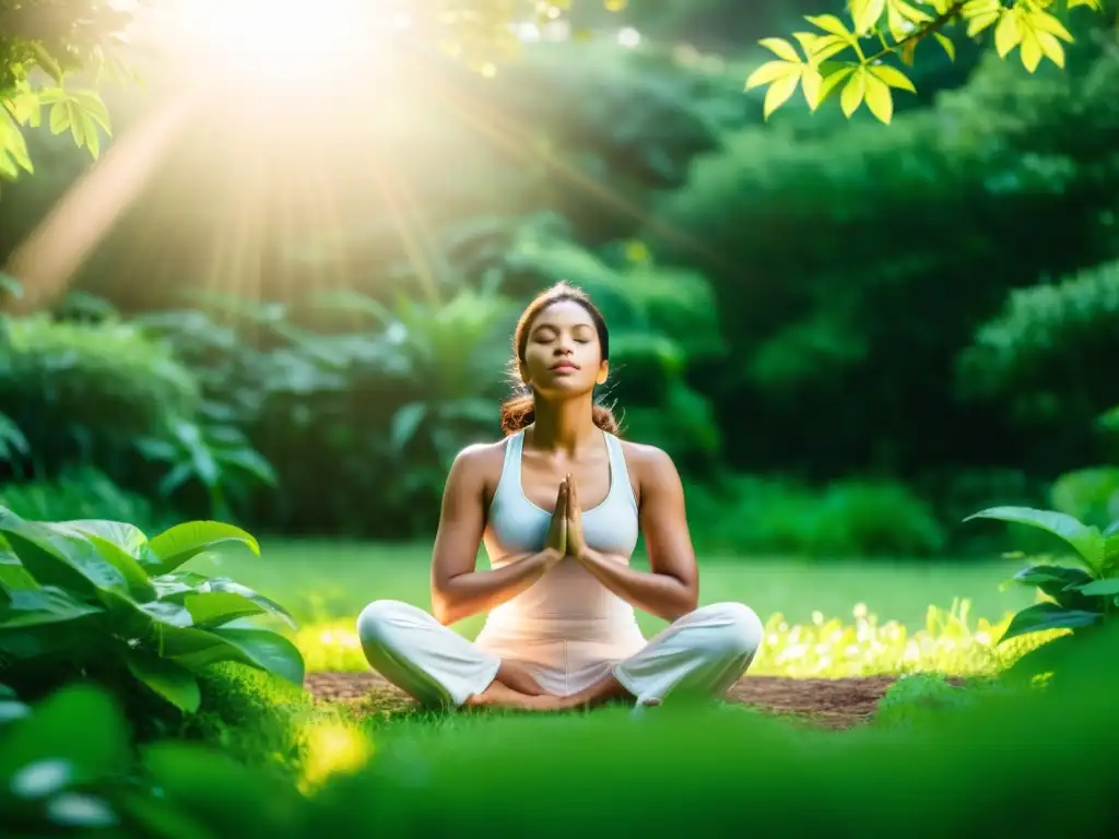 Persona practicando la respiración diafragmática entre la exuberante vegetación, evocando calma y paz