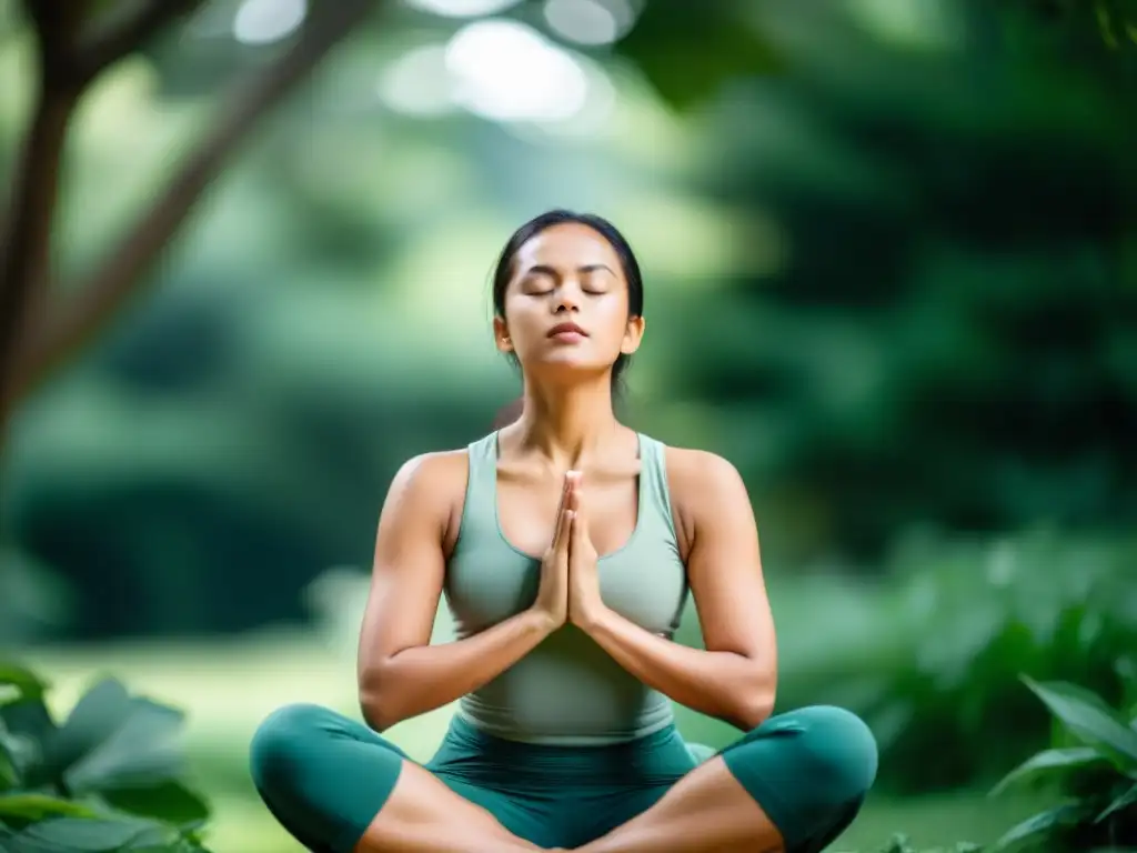 Persona practicando respiración diafragmática, con paz y conexión a la naturaleza, mostrando los beneficios de la técnica