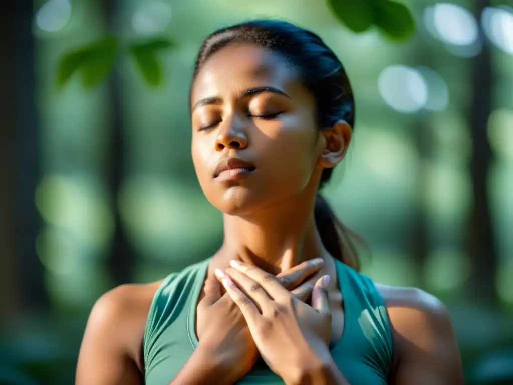 Una persona practica la respiración diafragmática post COVID-19, con las manos sobre el abdomen y una expresión serena, transmitiendo paz y control