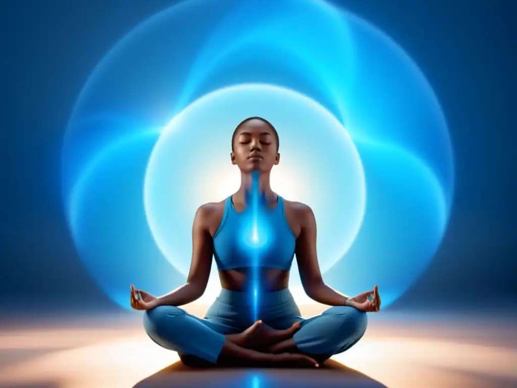 Persona en meditación con respiración diafragmática, rodeada de aura azul calmante