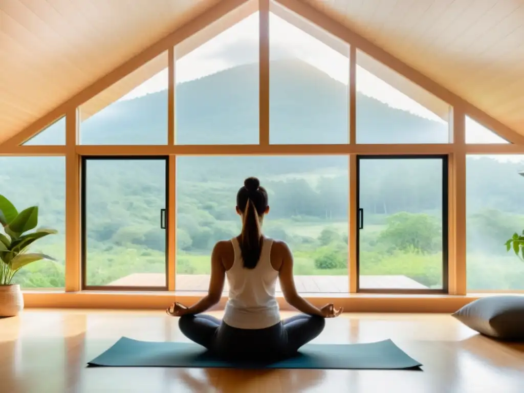 Persona practicando respiración diafragmática para depresión en sala moderna con ventanas grandes y vista a paisaje natural sereno