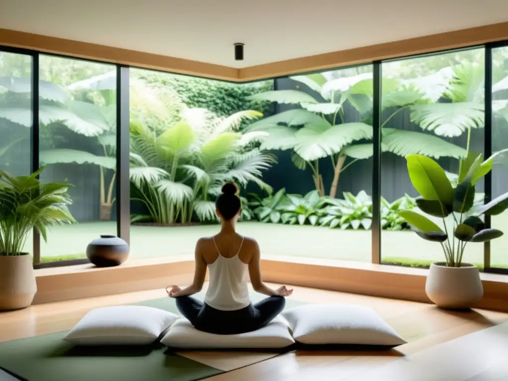 Persona practicando respiración diafragmática en meditación en una serena habitación con vista al jardín