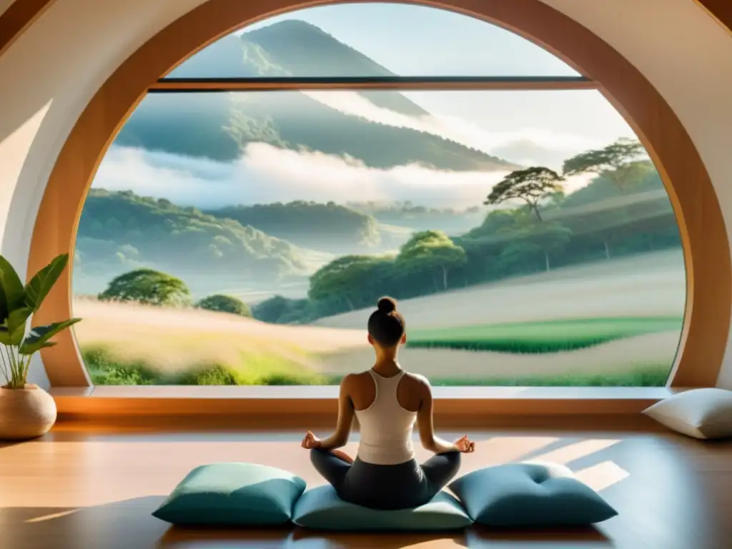 Persona en meditación con respiración diafragmática, en tranquila habitación con vistas a la naturaleza