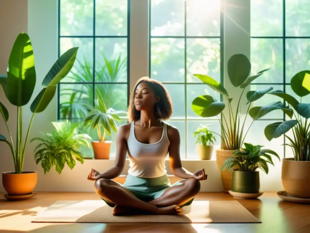 Persona practicando mindfulness y respiración para enfermedades respiratorias en un ambiente luminoso y sereno rodeado de plantas