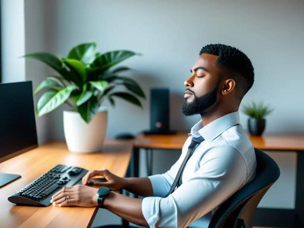 Persona practicando respiración ergonómica en escritorio, con ambiente tranquilo y enfoque