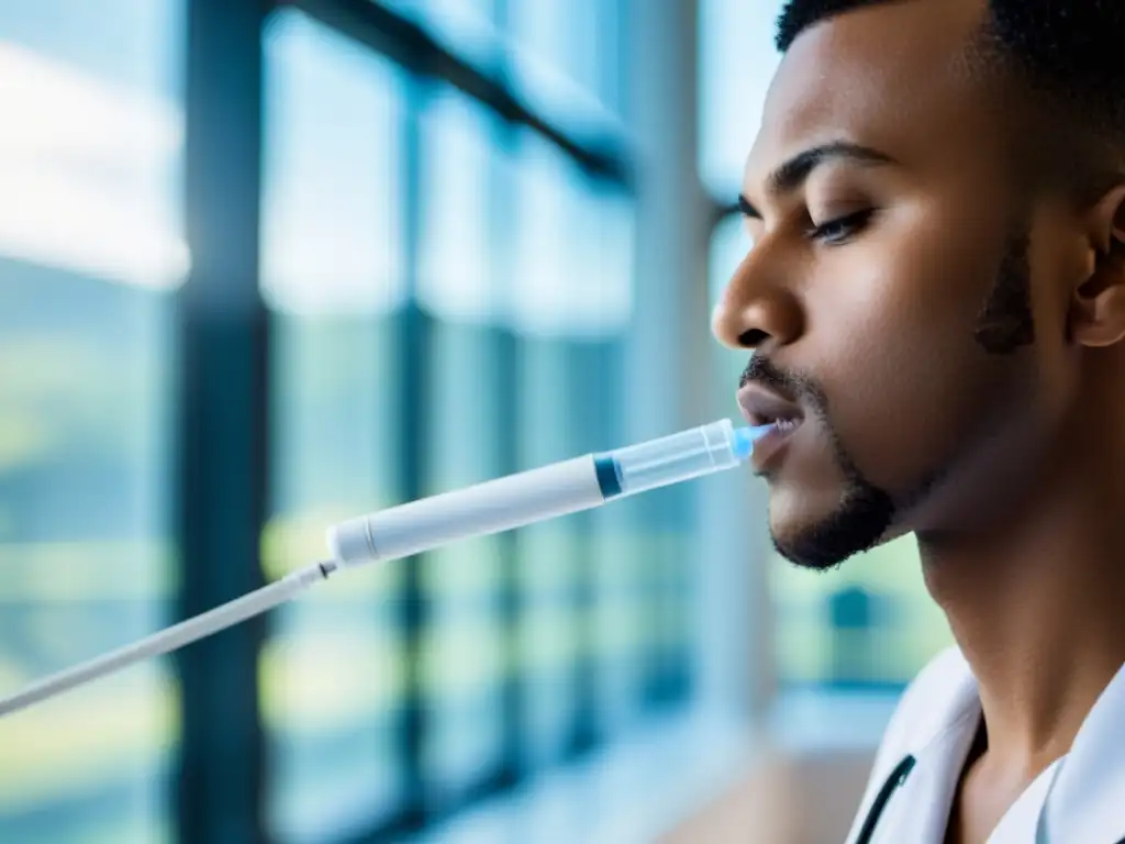 Una persona se esfuerza por mejorar su respiración con espirometría en una moderna instalación médica