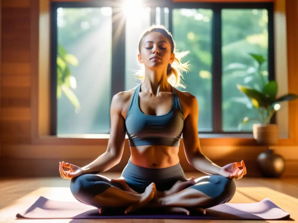 Persona practicando respiración para controlar estrés y ansiedad en una escena serena con luz solar cálida