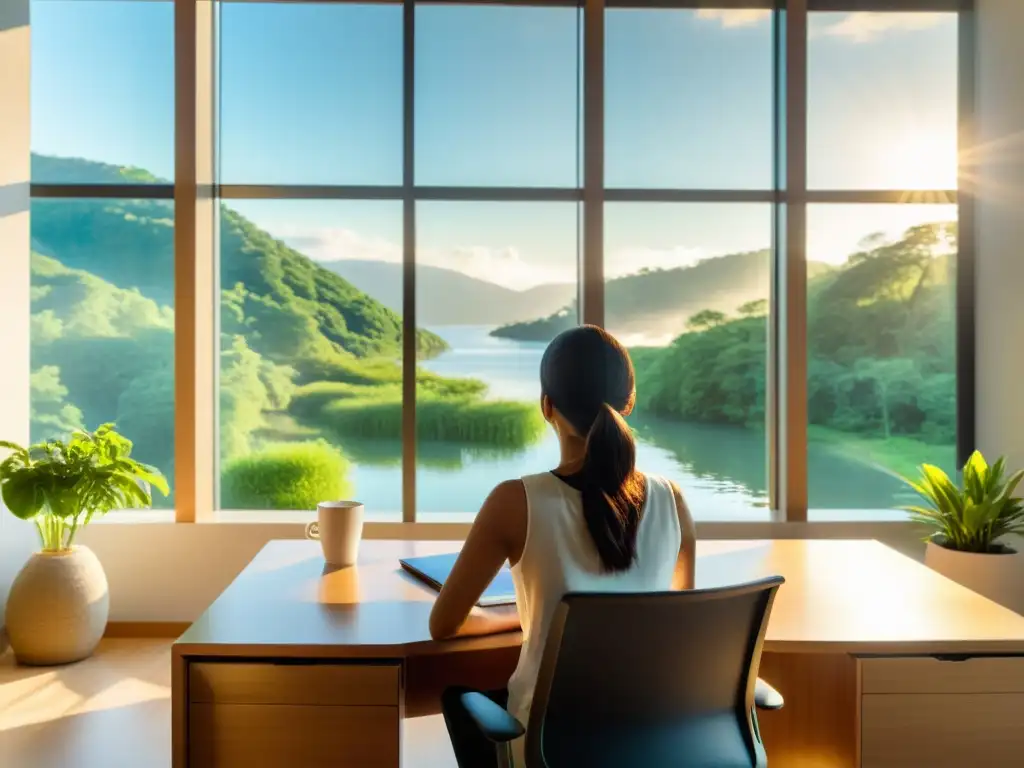 Persona practicando respiración para reducir estrés laboral en oficina con ventana y paisaje natural sereno