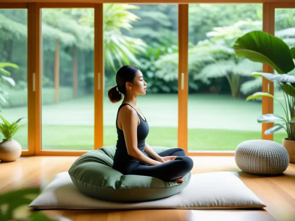 Persona practicando respiración guiada para armonía mental en sala moderna con vistas a jardín verde y relajante