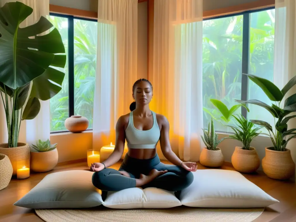 Persona practicando respiración holística en una sala de meditación moderna, rodeada de plantas y decoración relajante, evocando serenidad y bienestar