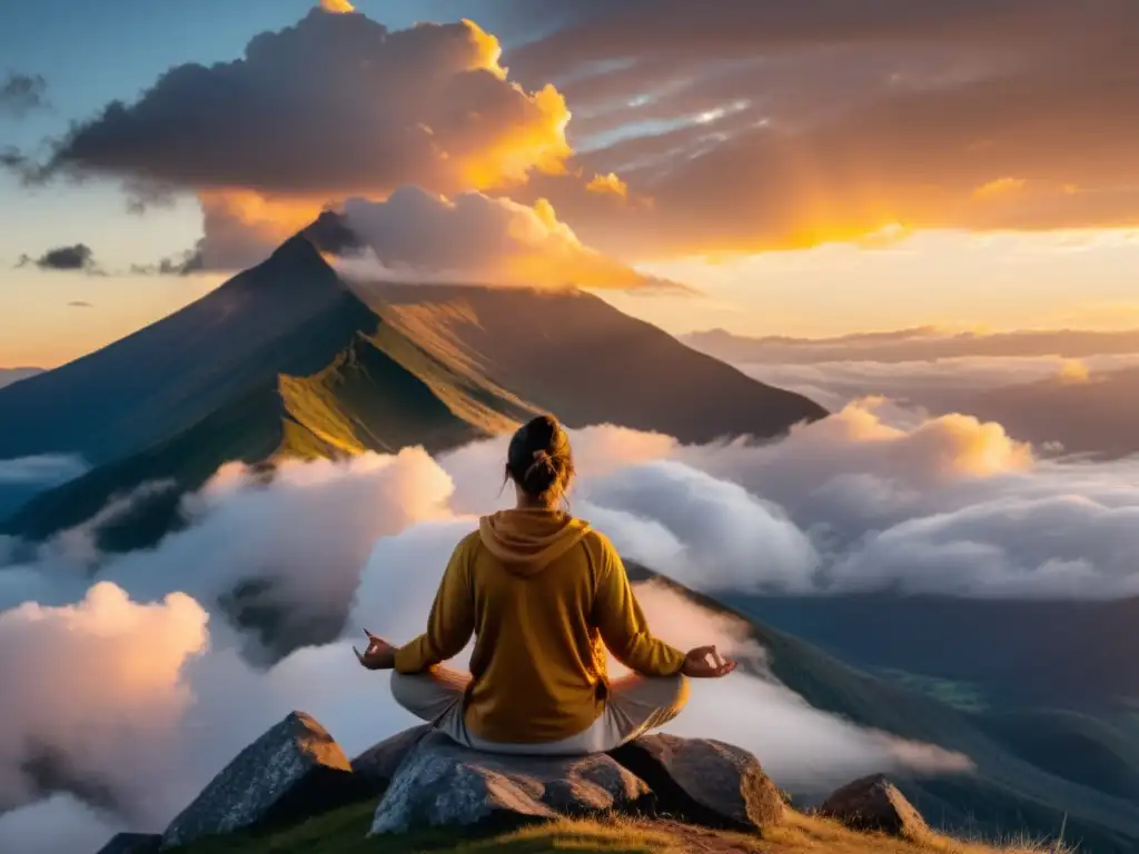 Persona practicando respiración holotrópica en la cima de la montaña al amanecer, transmitiendo paz y conexión espiritual