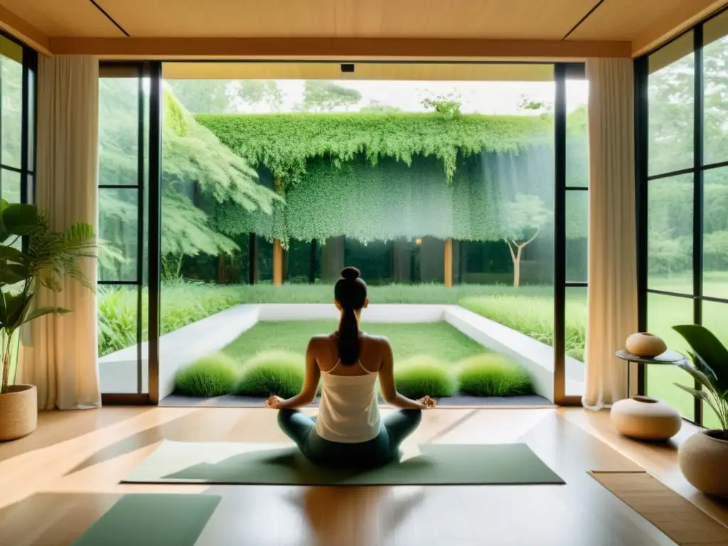 Persona practicando respiración holotrópica en una habitación con vista a la naturaleza