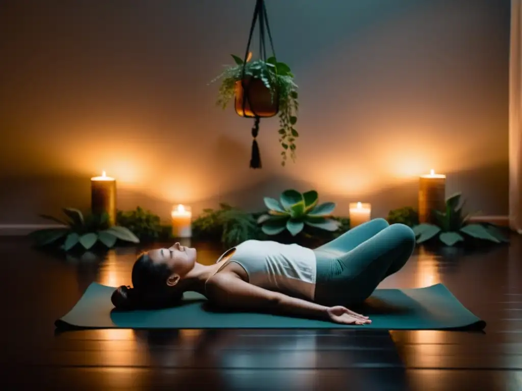 Persona practicando respiración holotrópica en una habitación tranquila iluminada por velas, con beneficios terapéuticos