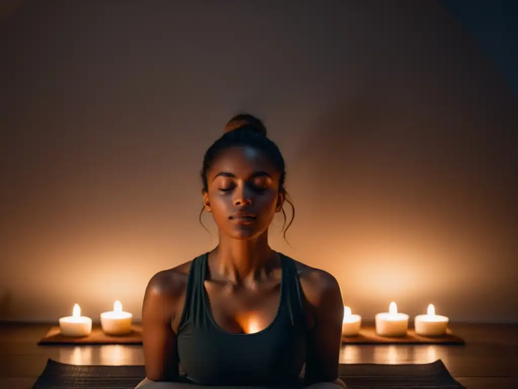 Persona practicando respiración holotrópica en una habitación iluminada por velas, creando un ambiente sereno e introspectivo