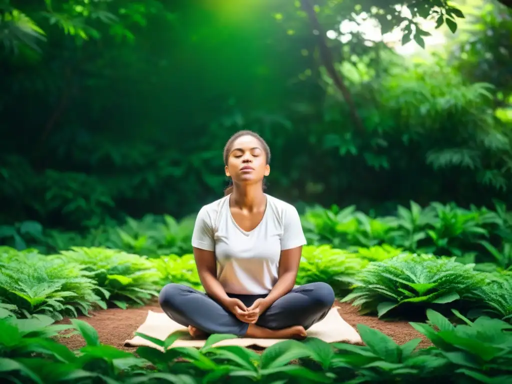 Persona practicando respiración intencional en un entorno tranquilo rodeado de exuberante vegetación