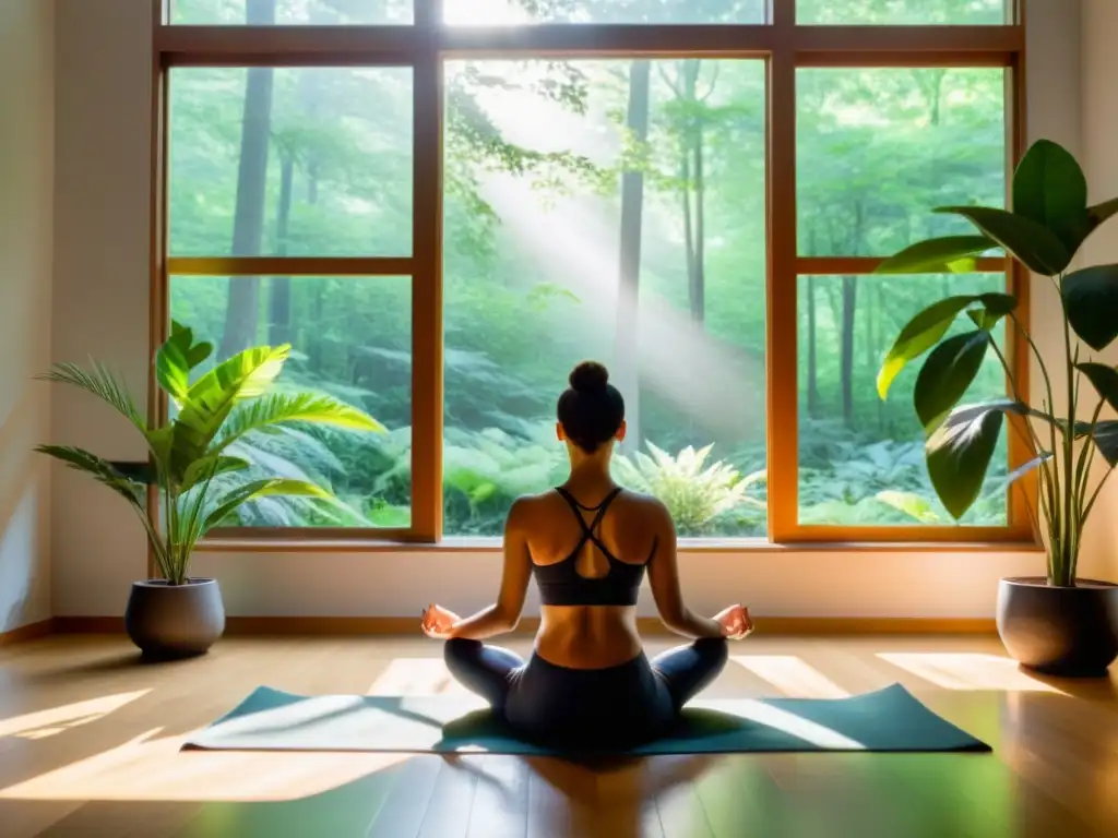 Persona practicando respiración intencional para salud cardíaca en una habitación tranquila y luminosa con vista al bosque