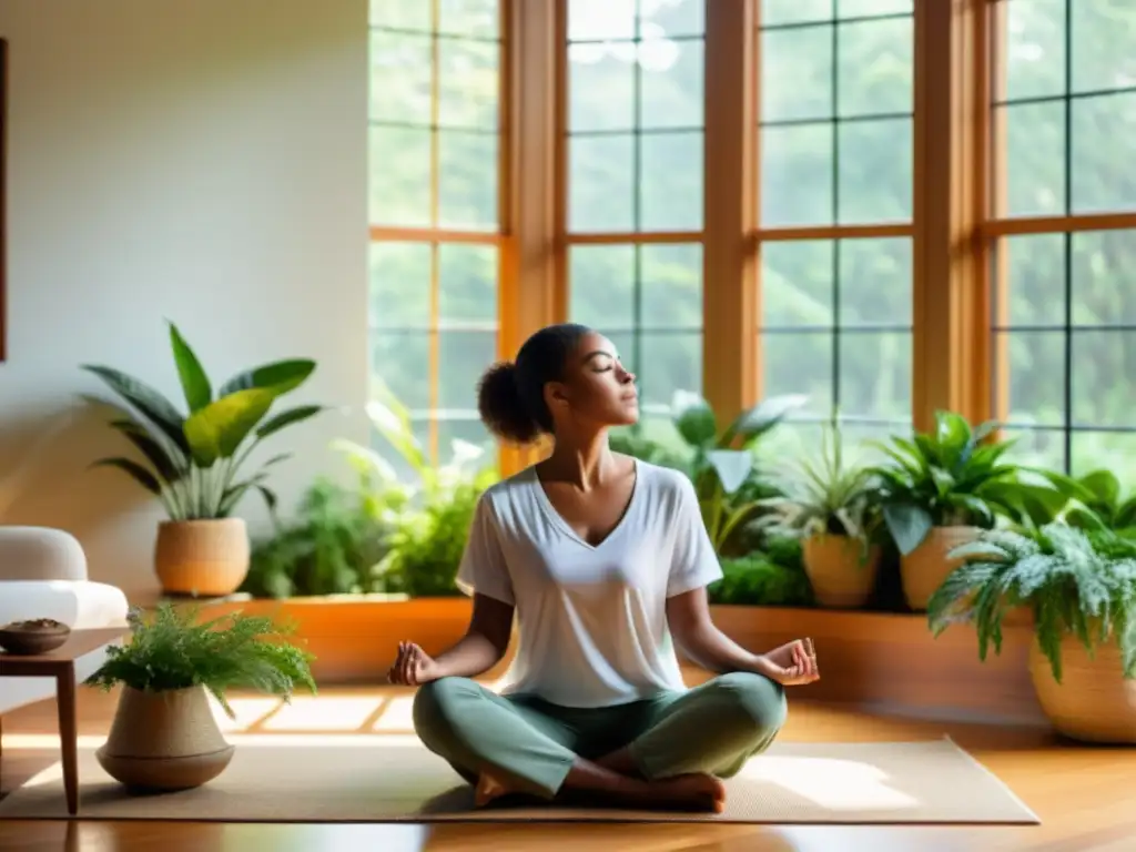 Persona practicando respiración para combatir Jet Lag en un ambiente sereno y luminoso, rodeada de plantas y decoración relajante