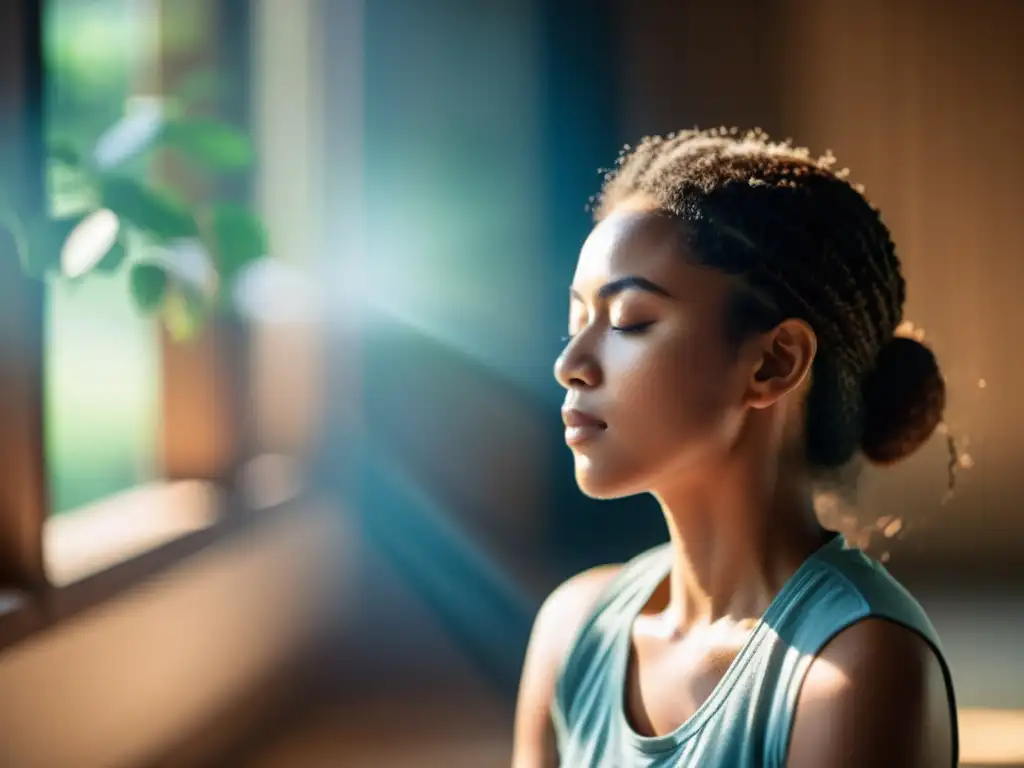 Práctica de respiración profunda para gestionar el dolor crónico Persona practicando respiración en el manejo del dolor en un entorno sereno, con expresión tranquila y relajada