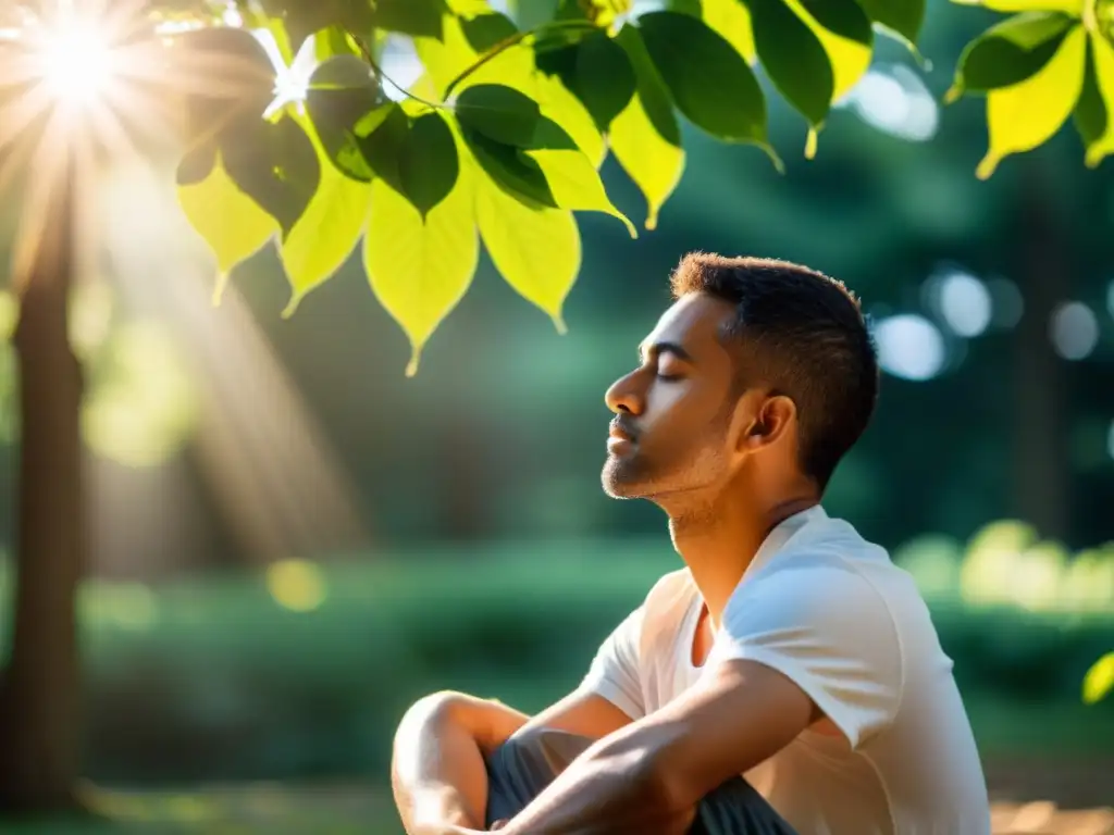 Práctica de respiración profunda en la naturaleza Persona practicando respiración en el manejo del dolor en un entorno sereno y tranquilo, con luz solar filtrándose a través de las hojas