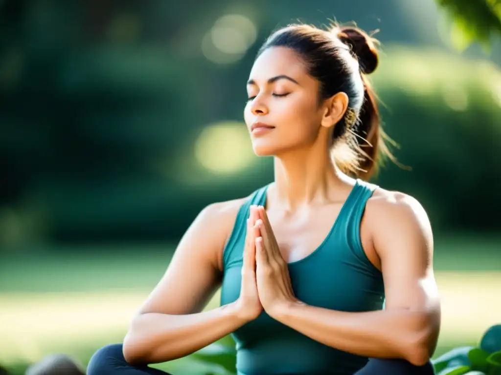 Una persona practica la respiración nasal para equilibrar cuerpo y mente en un entorno sereno y natural, transmitiendo tranquilidad y mindfulness