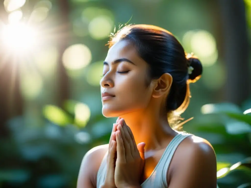 Persona practicando respiración nasal equilibrio cuerpo mente en entorno natural sereno con luz suave entre los árboles