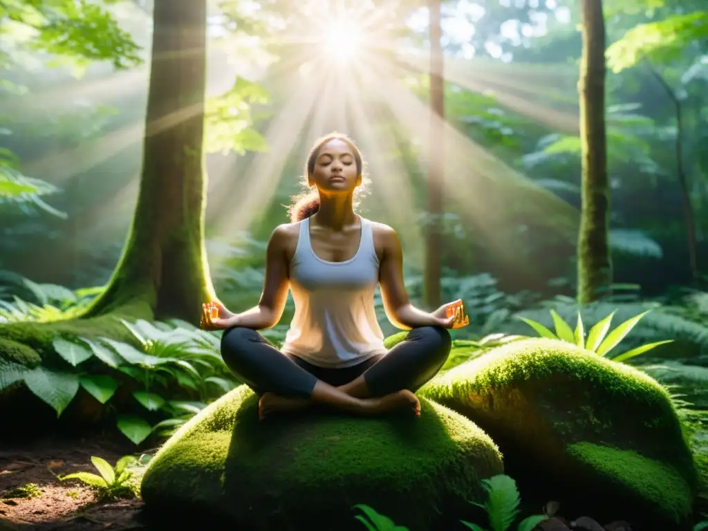 Persona en meditación y respiración profunda en un bosque exuberante