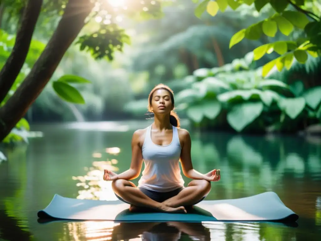 Una persona practica la respiración profunda en un entorno natural, transmitiendo tranquilidad y concentración
