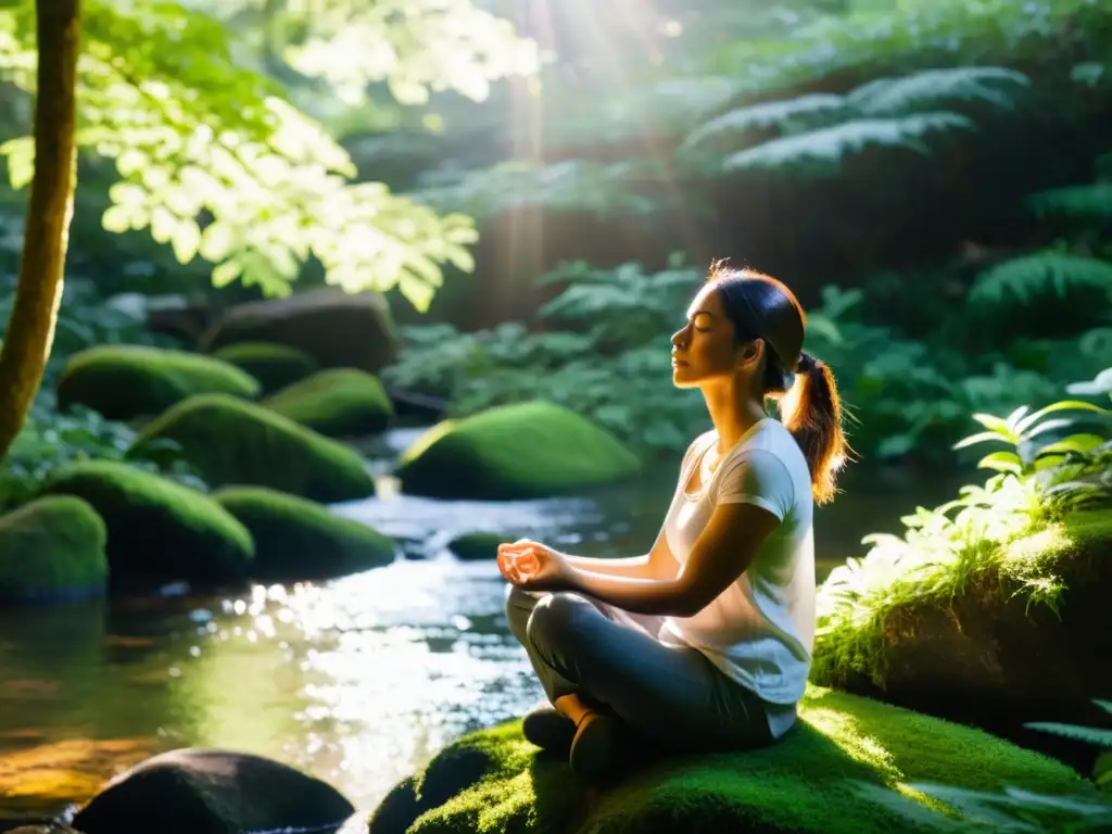 Persona practicando respiración profunda en un entorno natural sereno, transmitiendo tranquilidad y mindfulness