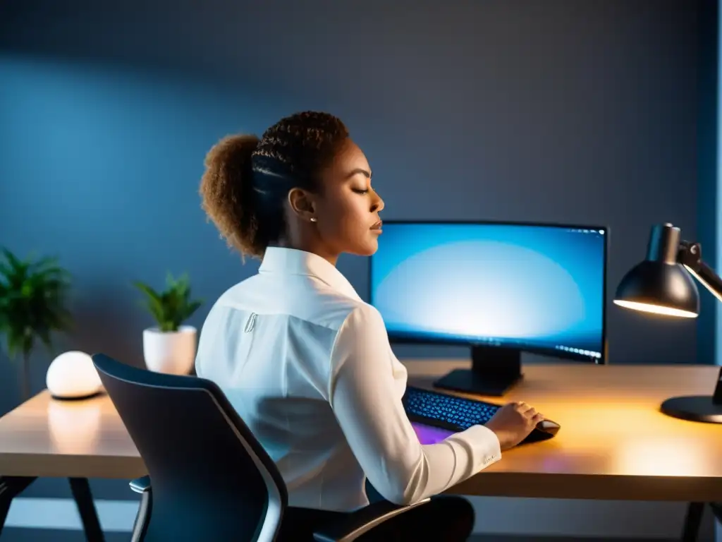 Persona practicando respiración profunda en un espacio ergonómico de trabajo