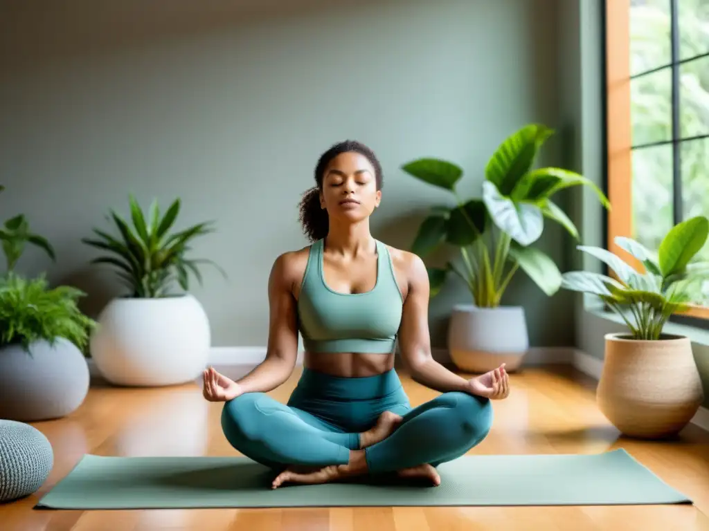 Una persona practicando respiración profunda en un estudio luminoso y tranquilo, con plantas de fondo