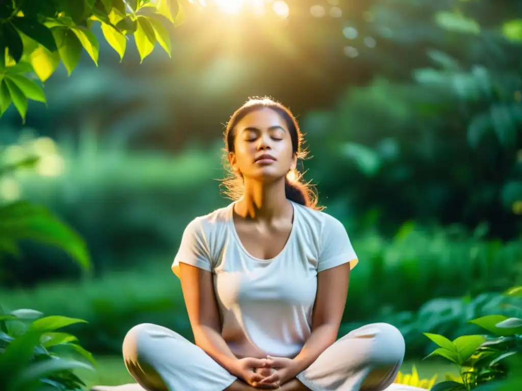 Persona practicando respiración profunda en la naturaleza