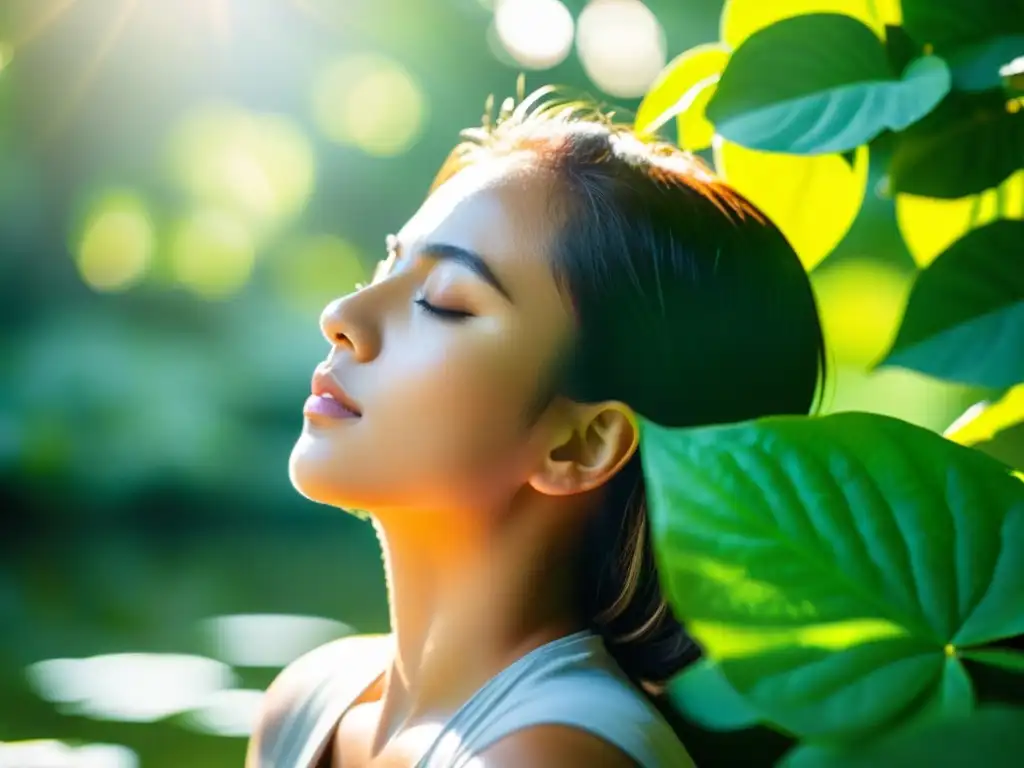 Una persona practicando respiración profunda rodeada de naturaleza exuberante