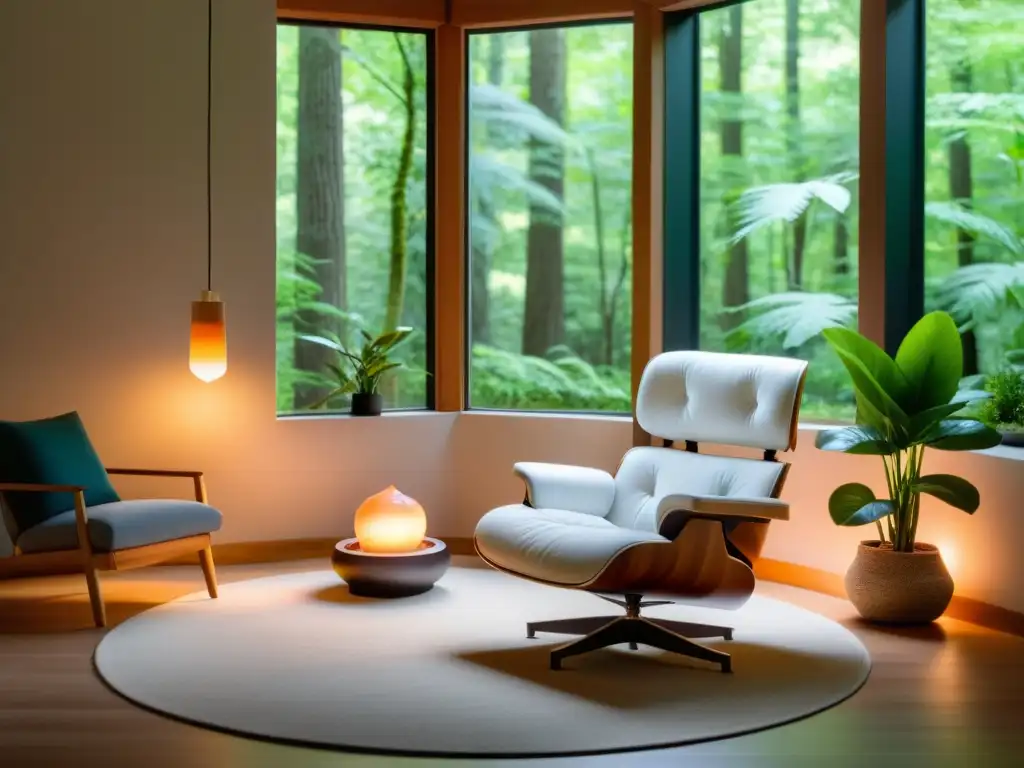 Persona practicando respiración profunda en una sala de terapia moderna, con vista a un bosque sereno