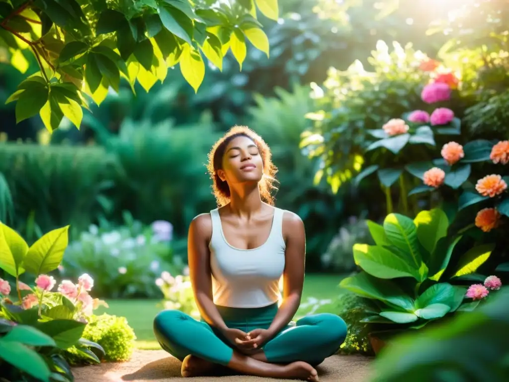 Persona practicando respiración profunda en un jardín tranquilo y exuberante, conectando armoniosamente con la naturaleza