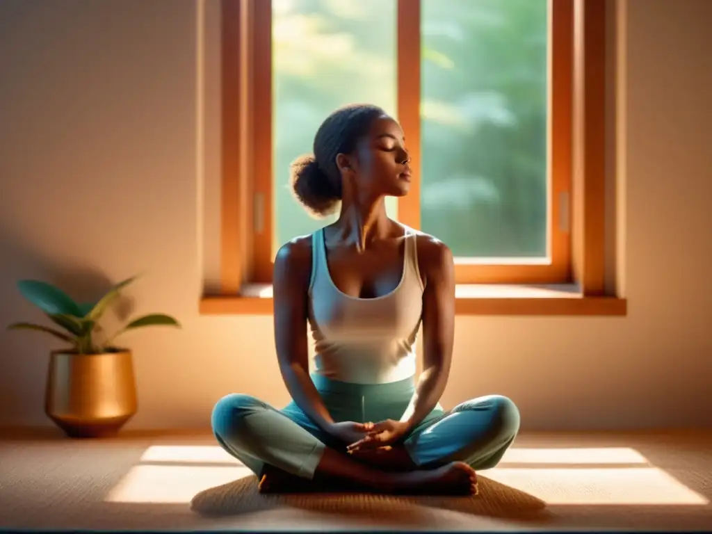 Persona practicando respiración rítmica para regular emociones en un ambiente sereno y tranquilo, con luz cálida filtrándose por la ventana