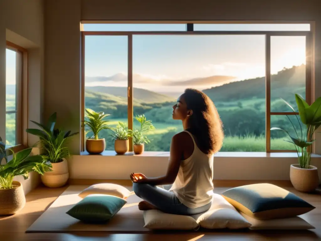 Persona practicando respiración rítmica para reducción de estrés en habitación serena con ventana panorámica y decoración minimalista