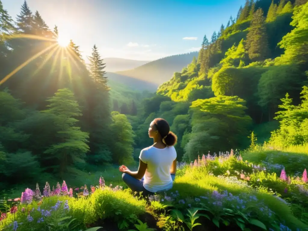 Persona practicando respiración rítmica en bosque, rodeada de naturaleza silvestre, transmitiendo paz y conexión con la naturaleza