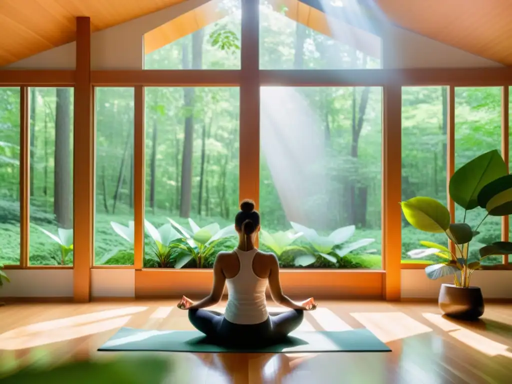 Persona practicando respiración rítmica en sala moderna con vista a bosque, reduciendo cortisol y promoviendo bienestar