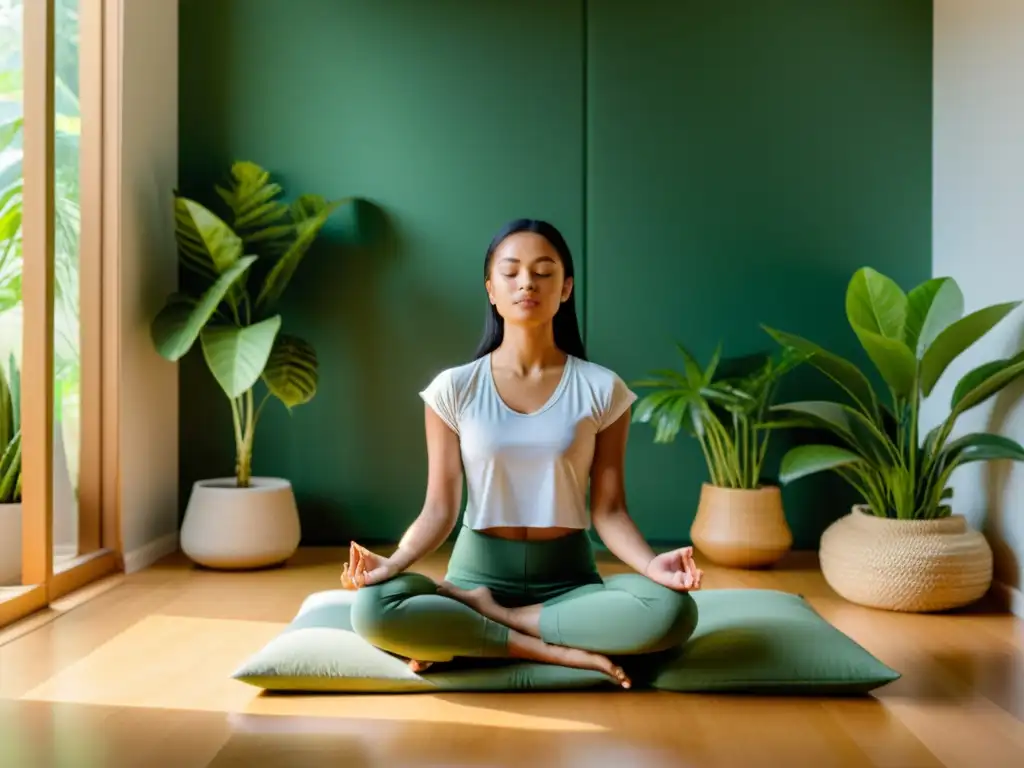 Persona practicando respiración rítmica en habitación de meditación serena con plantas verdes y decoración minimalista, reduciendo cortisol