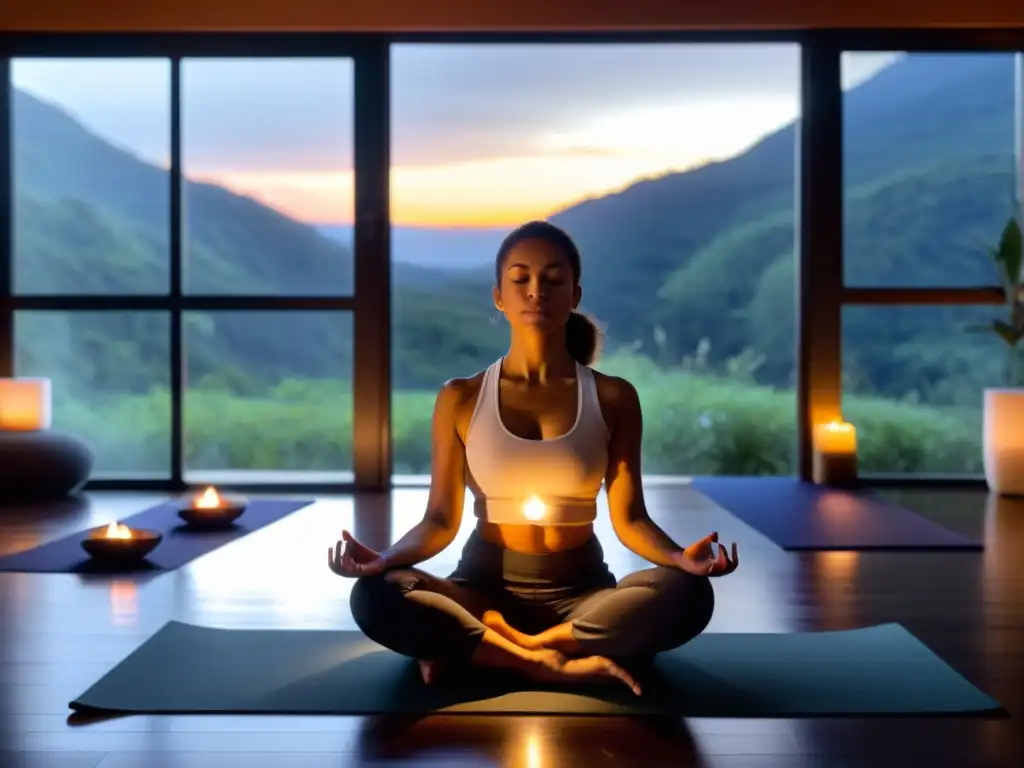 Persona practicando respiración terapéutica en un ambiente sereno y tranquilo con vista a la naturaleza, iluminado por velas