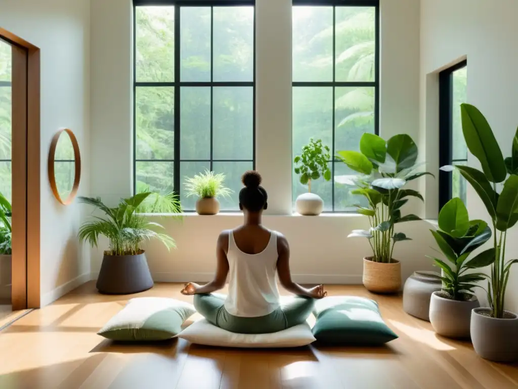 Persona practicando respiración terapéutica en sala serena con luz natural y plantas, creando calma y bienestar