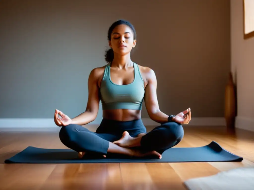 Persona en meditación con respiración tranquila en estudio de yoga, capturando la esencia de pranayama para principiantes