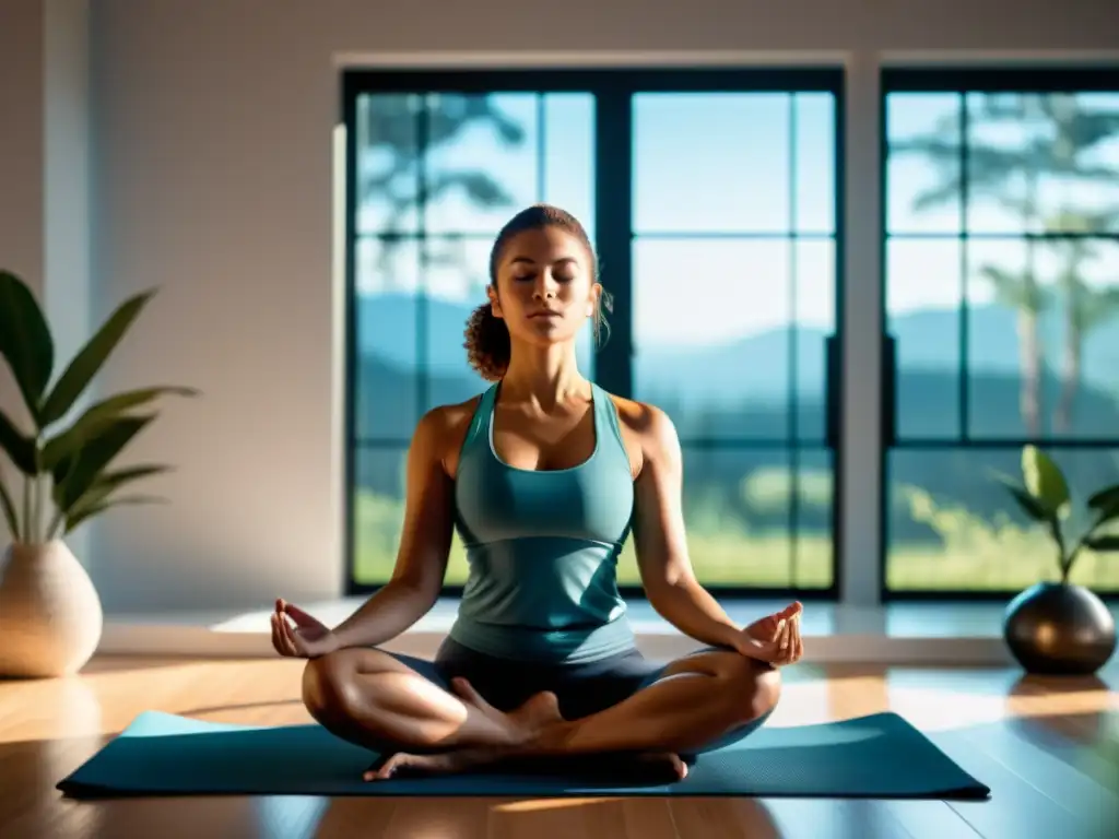 Persona meditando con biofeedback respiratorio para controlar ansiedad en ambiente calmado y luminoso