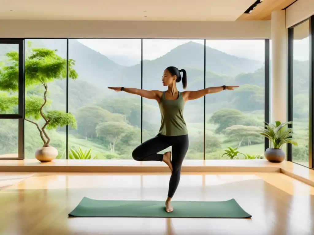 Persona practicando Qi Gong respiratorio en un estudio moderno con vista a la naturaleza, evocando calma y bienestar