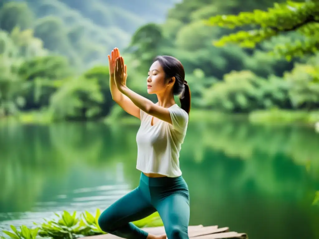 Persona practicando Qi Gong respiratorio en un lago sereno, rodeada de naturaleza exuberante