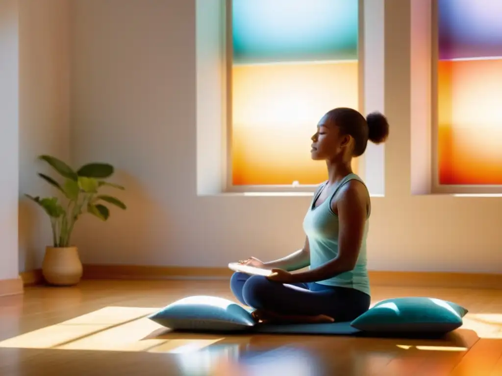 'Persona practicando biofeedback respiratorio en sala tranquila con luz solar