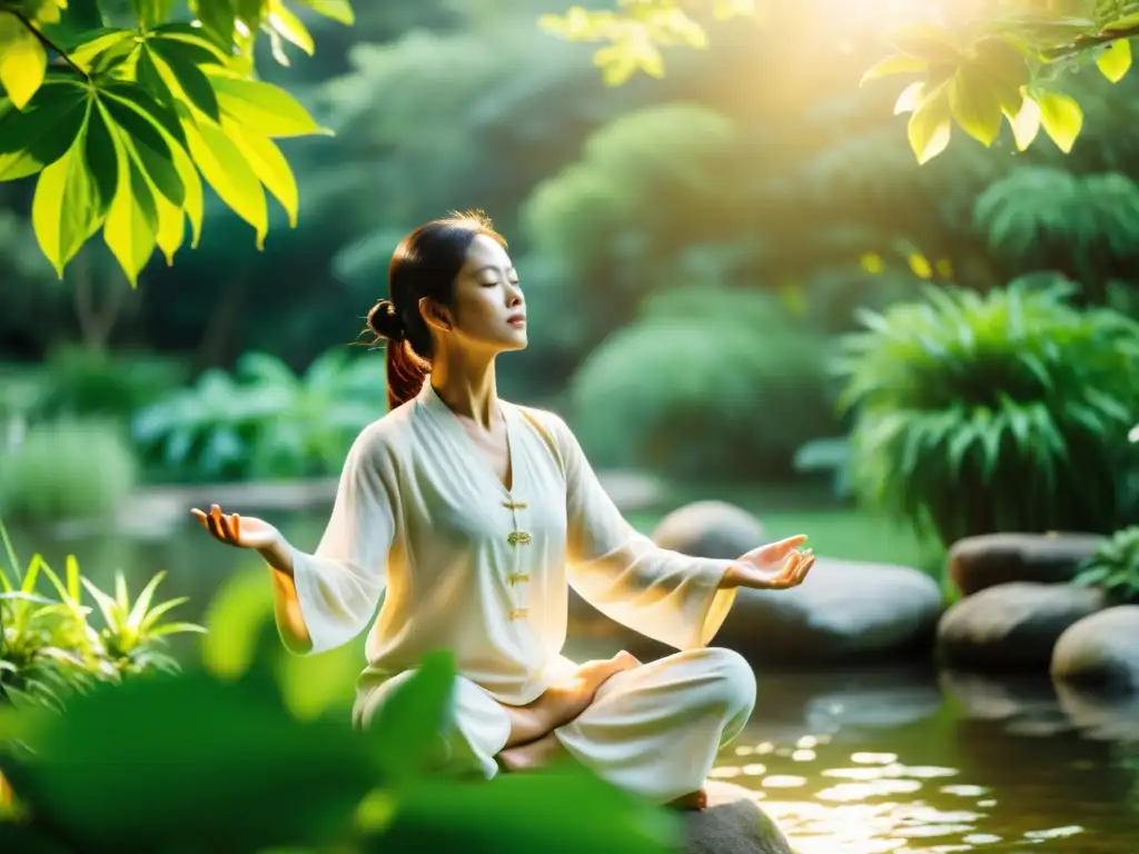 Una persona practica Qi Gong respiratorio en un jardín tranquilo y exuberante, rodeada de vegetación vibrante y agua