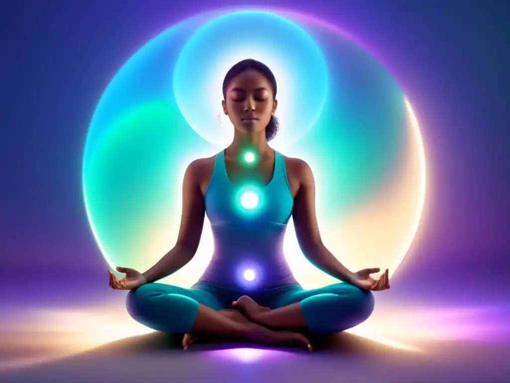 Persona en meditación, respiración rítmica para regular emociones, rodeada de suave luz azul, verde y morada